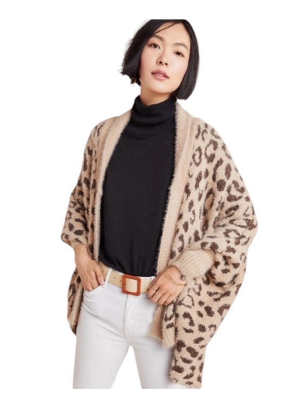 Anthropologie Akemi + Kim Leopard Print Open-Front Cozy Cardigan Sweater